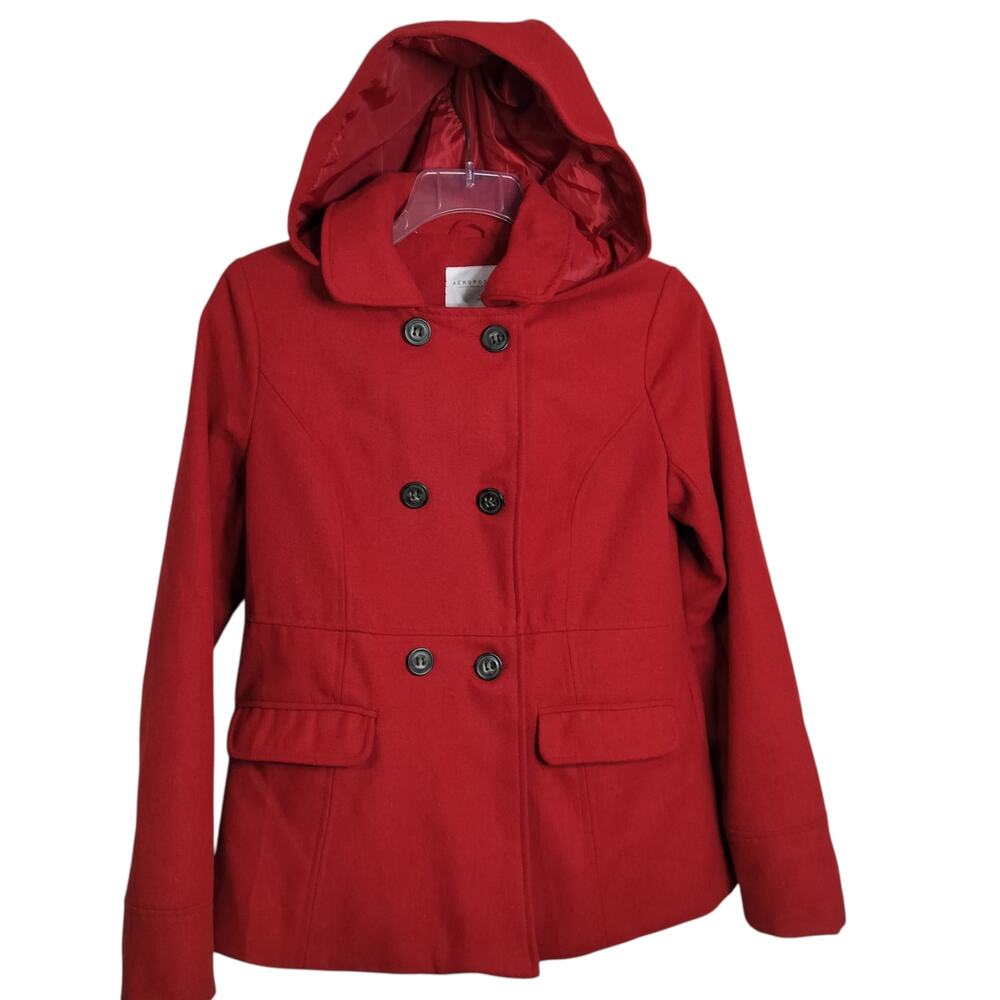 4932) Aeropostale Red Double Breasted Wool Blend Hooded Winter Peacoat Large